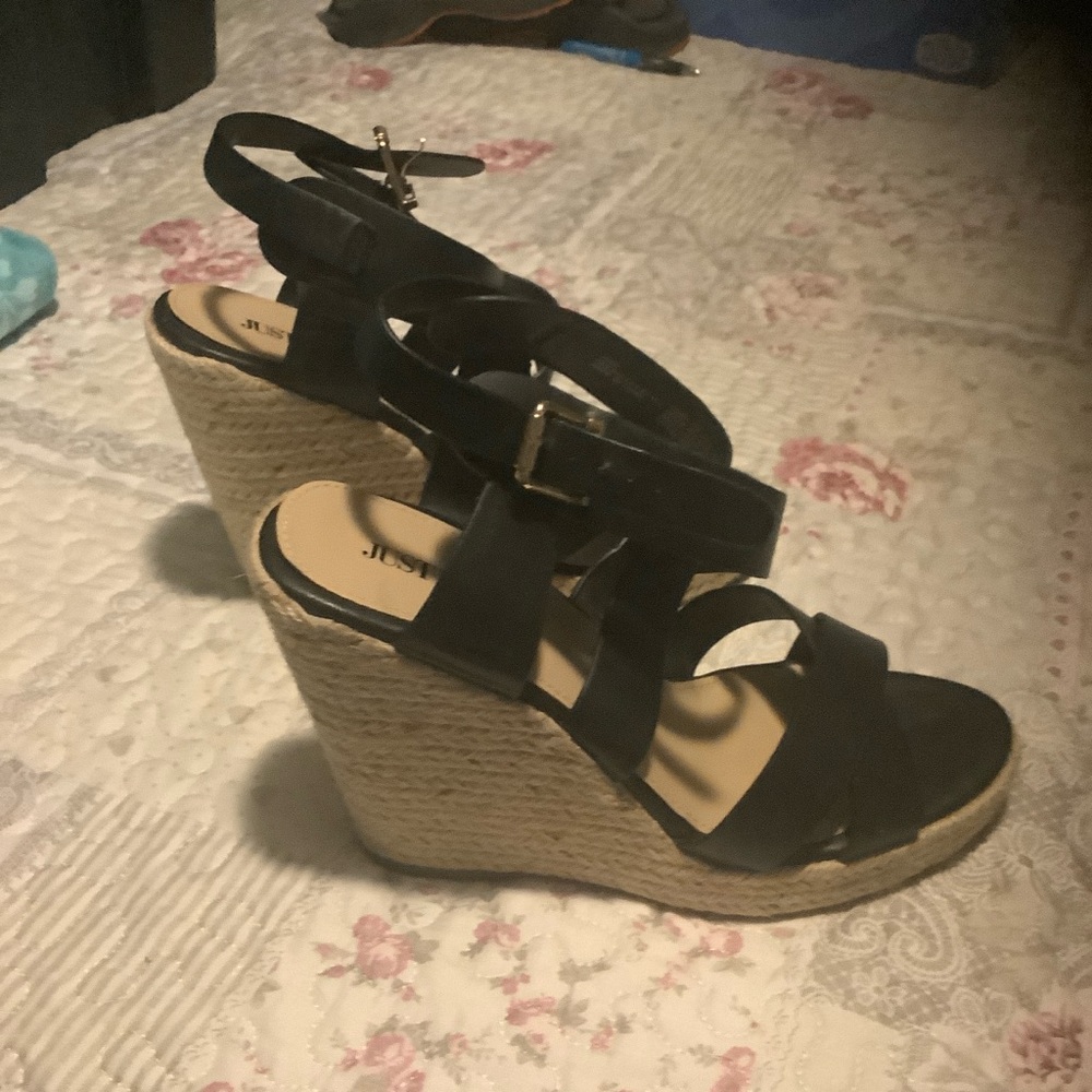 JustFab Black Wedge Sandals with Straps and Buckle Closures